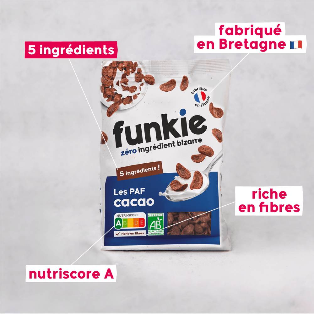 5 ingrédients
fabriqué en Bretagne
excellent sur yuka
nutriscore A
les céréales PAF de la marque Funkie, zéro ingrédient bizarre