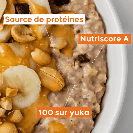 Porridge Funkie chocolat noisette pour un petit-déjeuner sain et énergétique. Source de protines, Nutriscore A et 100 sur yuka.