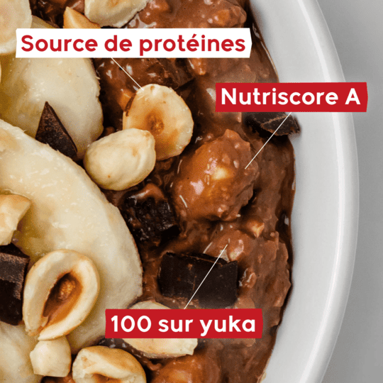 Porridge Funkie chocolat noisette pour un petit-déjeuner sain et énergétique. Source de protines, Nutriscore A et 100 sur yuka.