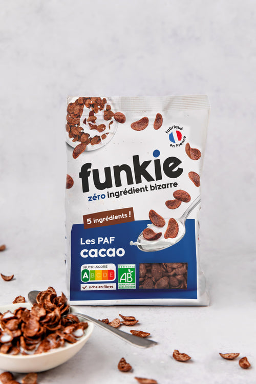 Les PAF de Funkie : ce délicieuses pétales chocolatées qui vous rappelleront des souvenirs... Les PAF, ce sont les céréales de notre enfance à la composition irréprochable, avec seulement 5 ingrédients et Nutriscore A.