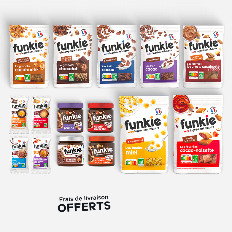 Tous les produits Funkie sont réunis dans ce pack intégral. Les incontournables du petit-déjeuner version zéro ingrédient bizarre. Avec ce pack, la livraison est offerte en point relais.