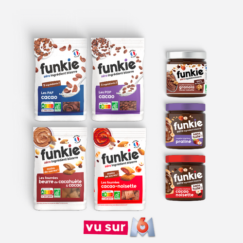 Les produits de la marque Funkie, vus sur M6 dans l'émission QUI VEUT ÊTRE MON ASSOCIÉ. 
Ce pack contient les céréales et pâtes à tartiner de la marque Funkie. Les meilleures alternatives du rayon :

Les PAF Cacao Funkie, en 5 ingrédients
Les POP Cacao Funkie, en 3 ingrédients
Les fourrées beurre de cacahuète & cacao Funkie, nutriscore A
Les fourrées caca-noisette Funkie, nutriscore A
La pâte à tartiner cacao noisette Funkie
La pâte à tartiner praliné Funkie
La pâte à tartiner au granola cacao-noisette