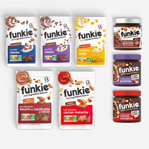 Les produits de la marque Funkie, vu sur M6 dans QUI VEUT ÊTRE MON ASSOCIÉ. 
Ce pack contient les céréales et pâtes à tartiner de la marque Funkie. Les meilleures alternatives du rayon :
Les boules miel
Les PAF Cacao, en 5 ingrédients
Les POP Cacao, en 3 ingrédients
Les boules miel, en 3 ingrédients
Les fourrées beurre de cacahuète & cacao Funkie, nutriscore A
Les fourrées caca-noisette, nutriscore A
La pâte à tartiner cacao noisette
La pâte à tartiner praliné
La pâte à tartiner au granola cacao-noisette