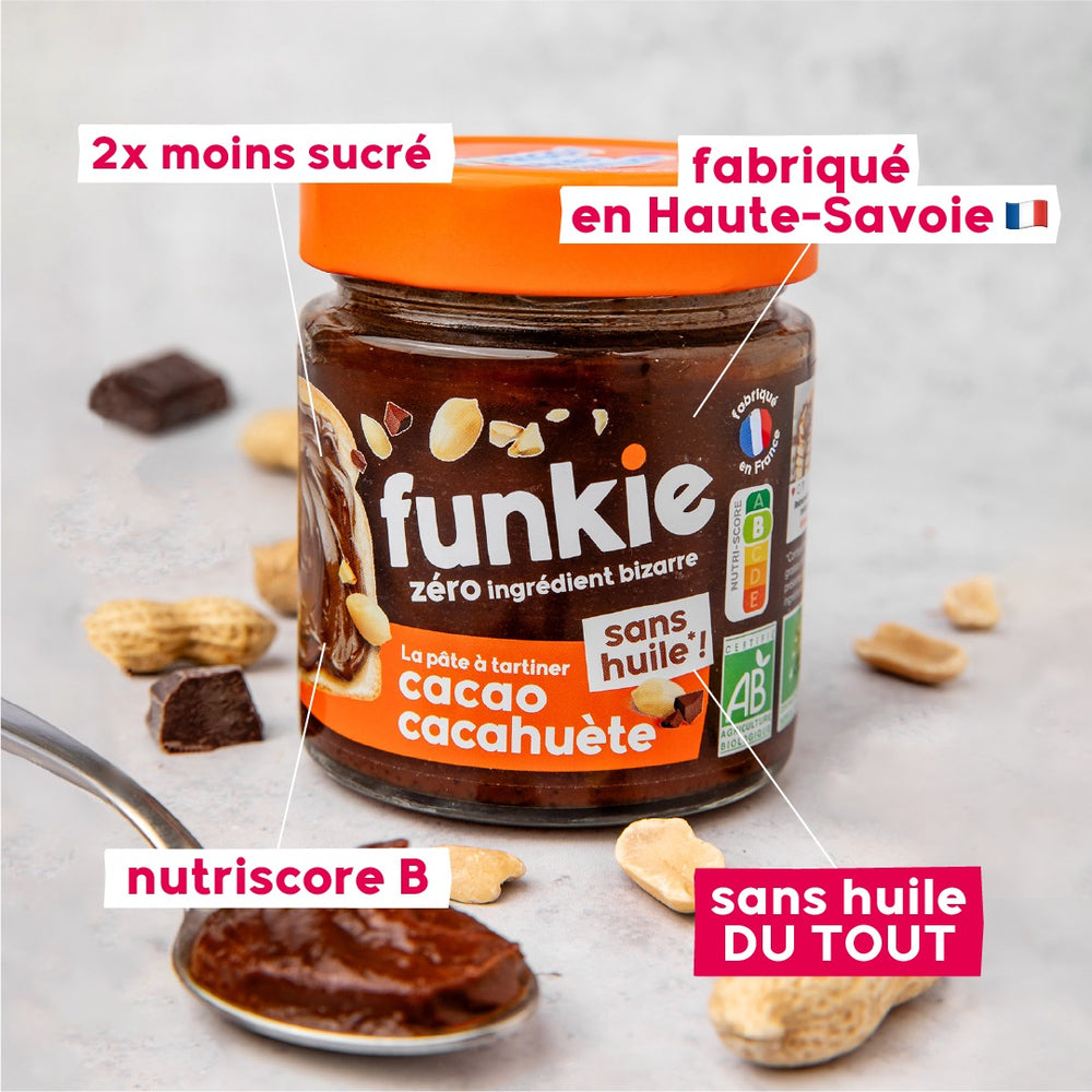 La 1ère pâte à tartiner sans huile du tout, moitié moins sucrée et cacao cacahuète sans huile du tout, fabriqué en France et Funkie.