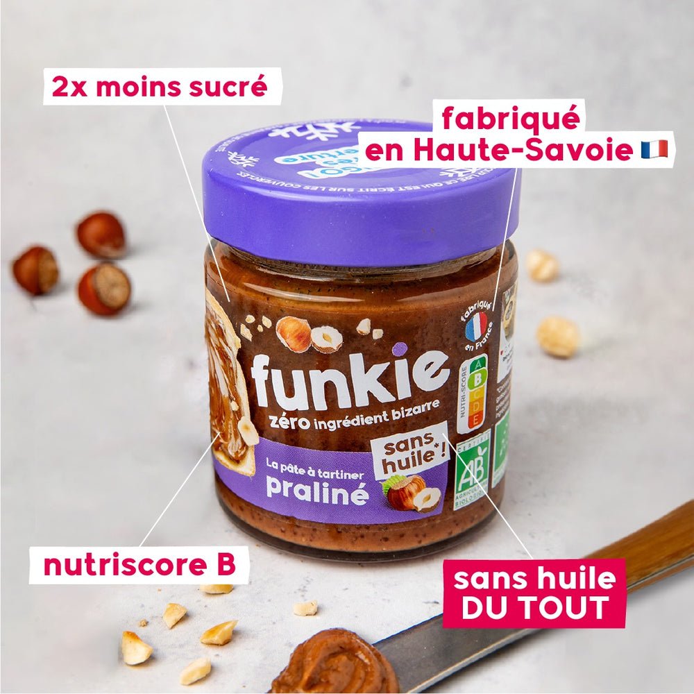 La 1ère pâte à tartiner praliné sans huile du tout, moitié moins sucrée et sans huile du tout, fabriqué en France et Funkie.