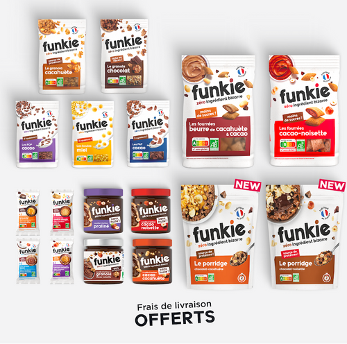 Dans ce pack retrouver l'intégralité des produits petit-déjeuner funkie. Le granola, les paf, pop, fourrées, boules miel, pâtes à tartiner et les nouveautés porridges.